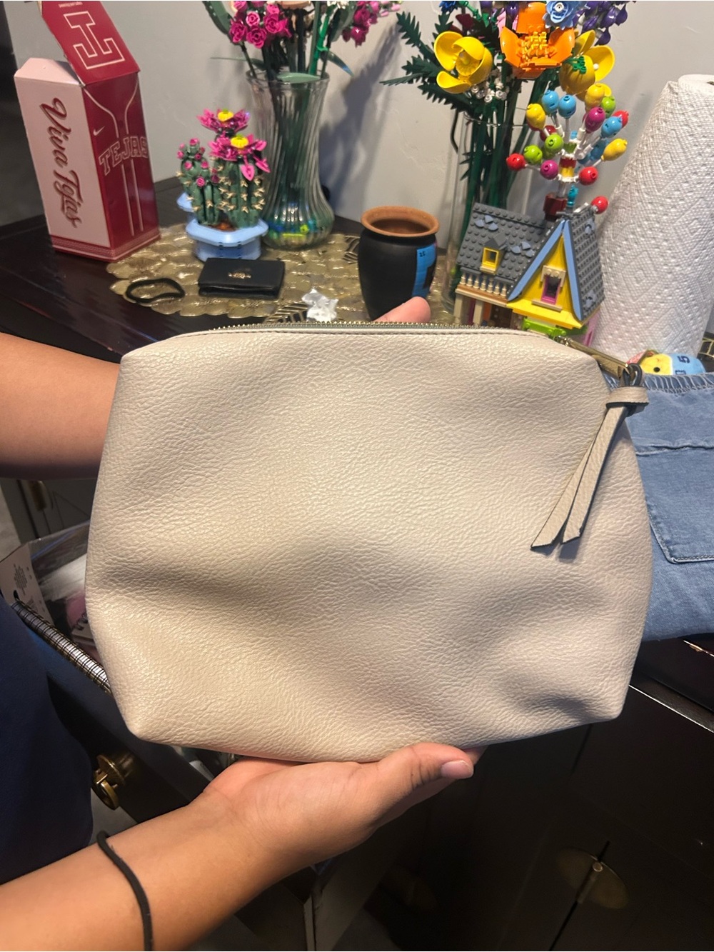 Steve Madden Cream Pebble Leather Cosmetic Pouch